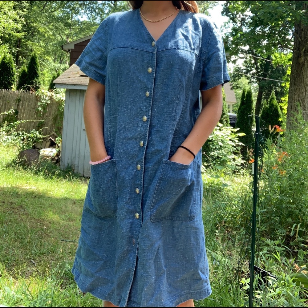 100% linen vintage jean dress style with buttons